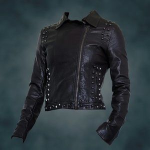 Brown studded leather jacket – Leopard print lining – Size: M